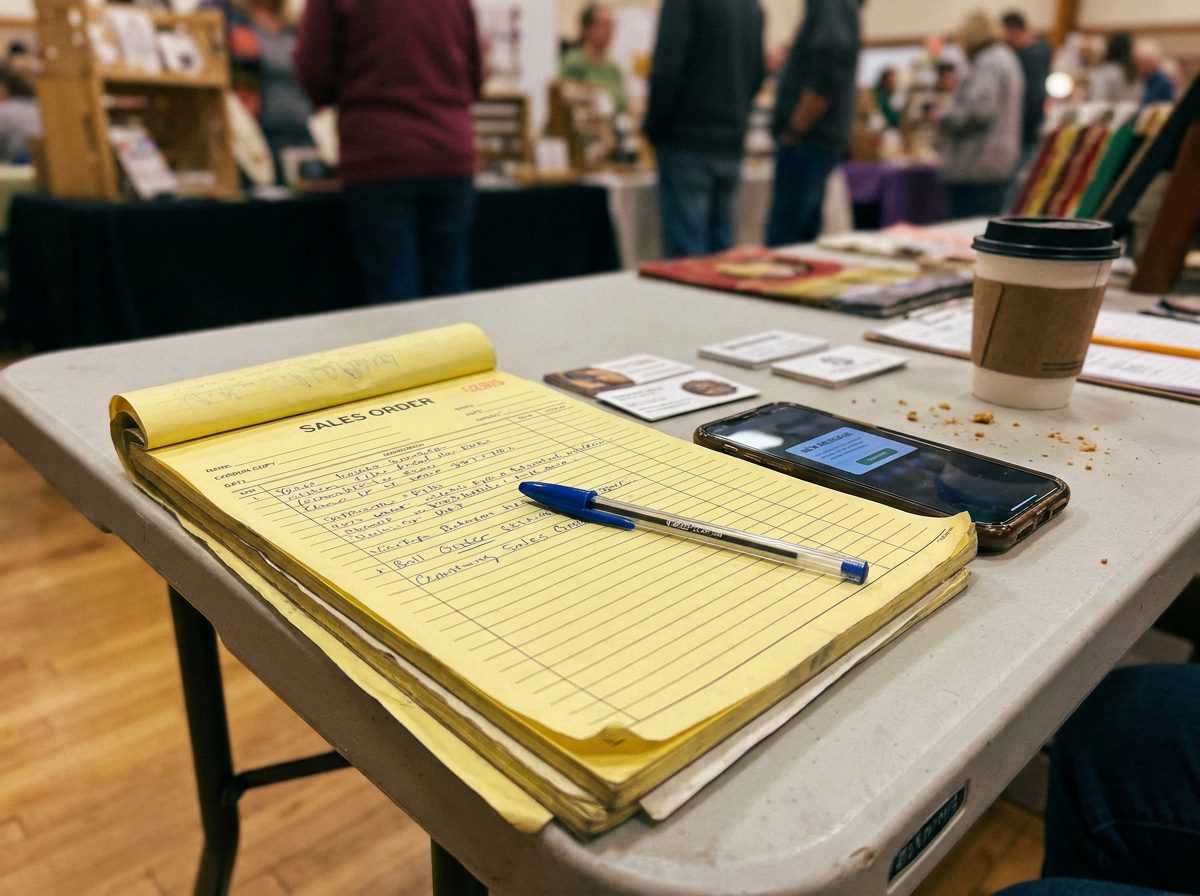 A yellow sales order pad and a ringing phone on a folding table at a fair