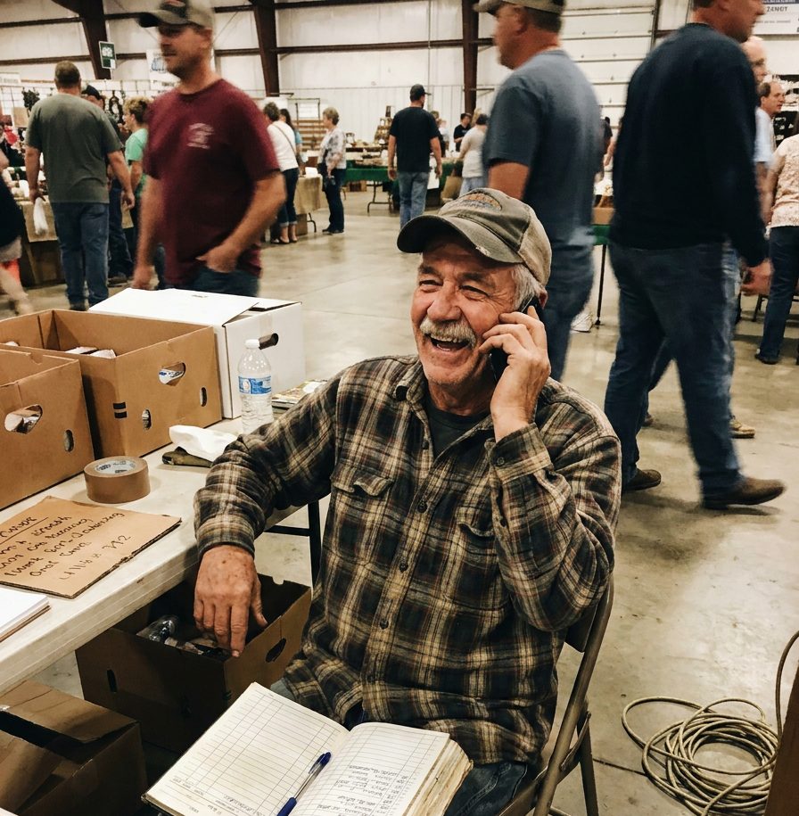 A seller in a flannel shirt laughing on the phone at his booth, his order book open on his knee